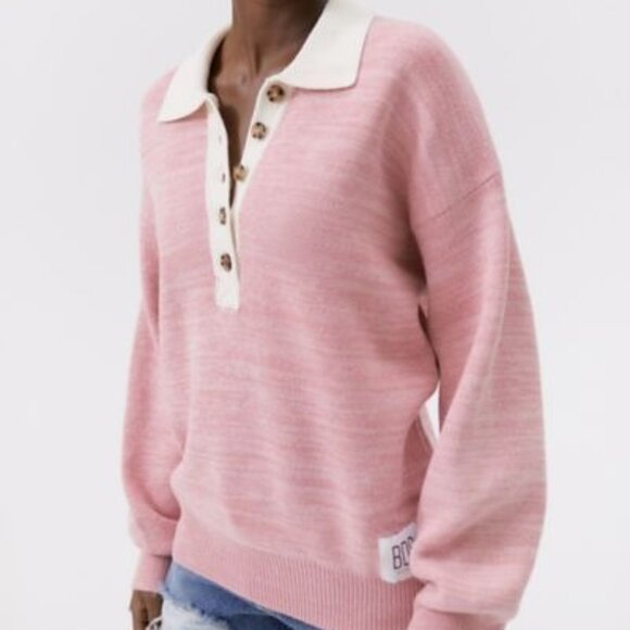 BDG Renna Pink Long Sleeve Rugby Sweater Soft Cotton Size Small Oversized - Picture 1 of 6